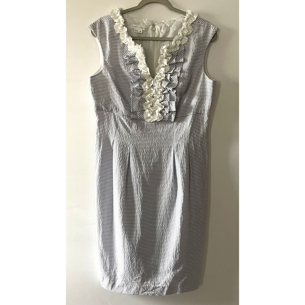 London Times Women's Blue White Striped Ruffle V-Neck Sheath Dress Size 14